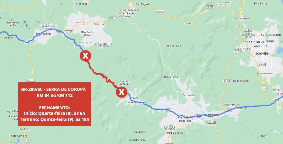 BR-280 tem trecho interditado entre Corupá e Rio Negrinho - Testo Notícias